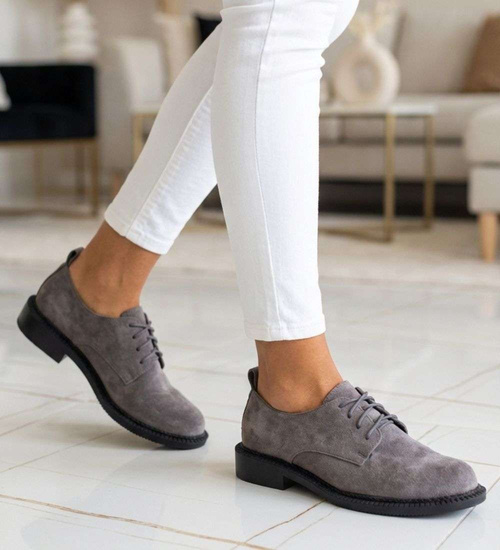 Szare półbuty oxfordy damskie sznurowane zamszowe /A4-3 18702 T155/