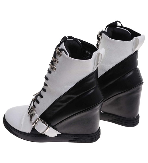 Sznurowane biało czarne trampki sneakersy koturnie /C1-3 18050 T284/