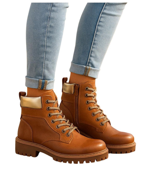 Sznurowane ocieplane botki trapery Karmelowe /E8-2 18266 W432/