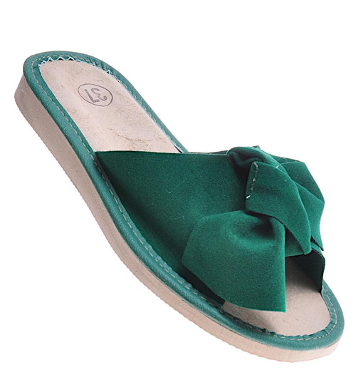 Skórzane domowe klapki z kokardą Zielone /B6-1 10859 S194/
