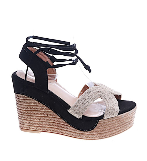 Czarne sandały na koturnie i platformie /G1-2 14064 S243/