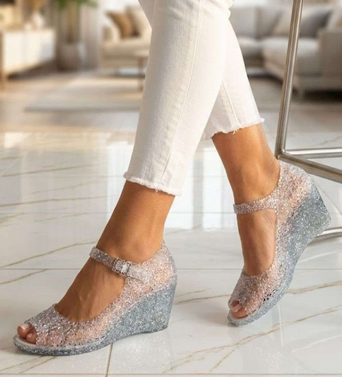 Plażowe sandały meliski na koturnie Srebrne otwarte /H2 14572 T890/