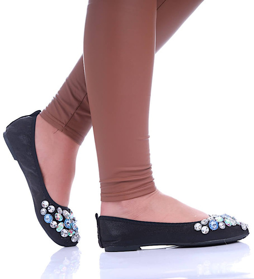 Czarne baletki damskie z kamieniami /G7-2 13043 T595/