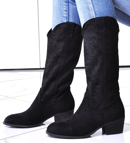 Czarne zamszowe kozaki na słupku /C2-3 12510 T587/