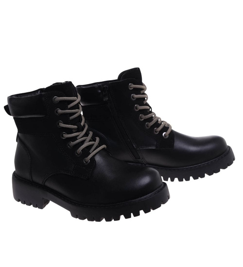 Sznurowane ocieplane botki trapery Czarne /A6-2 18278 W432/