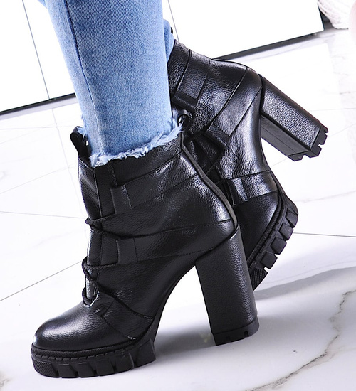 Czarne botki na obcasie ze skóry naturalnej /F5-2 12803 N0206/