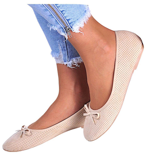 Ażurowe balerinki z kokardką Beżowe /E1-2 11279 T192/