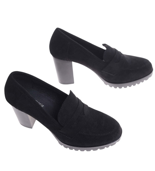 Czarne zamszowe czółenka na słupku /E1-3 18629 T2/