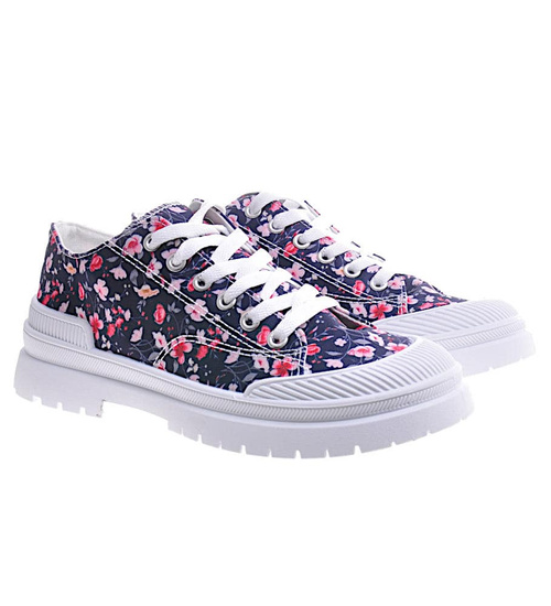 Wiązane trampki w kwiaty Navy /A7-3 11049 T498/