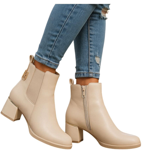 Klasyczne damskie botki na niskim obcasie Beżowe /E10-3 18381 W484/