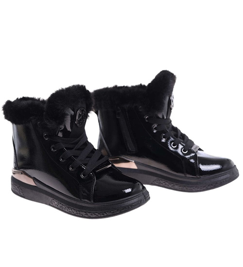 Czarne zimowe trampki z futerkiem /E10-2 18336 T411/