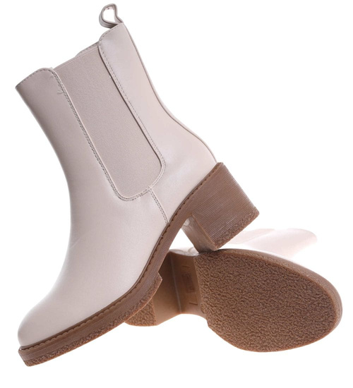 Beżowe botki damskie na grubym obcasie /J6-3 h2 18396 W3/