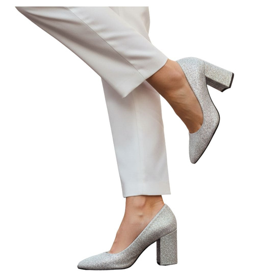 Wizytowe srebrne czółenka na klocku /G11-2 18632 T357/