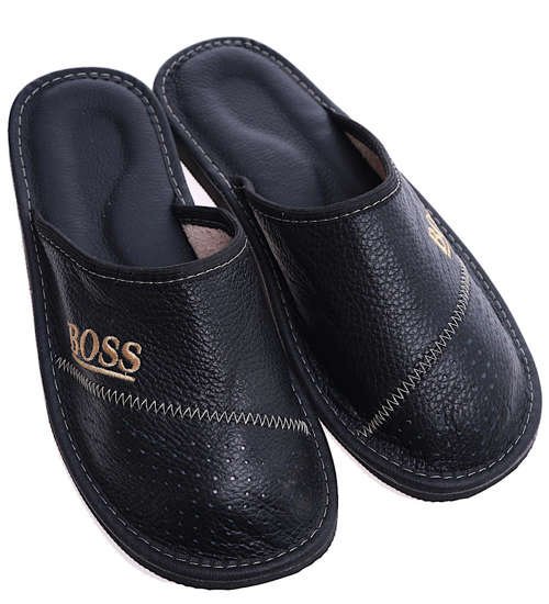 Skórzane kryte klapki domowe Czarne /E9-1 14299 S290/