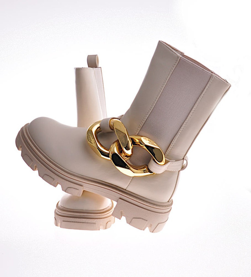 Beżowe botki sztyblety z łańcuchem /A3-3 12254 S798/