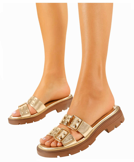 Złote klapki klamerki na niskiej platformie /G8-3 17661 G289/