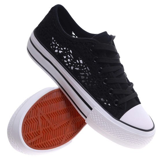 Koronkowe czarne trampki damskie na platformie /E9-2 17466 H2 G230/