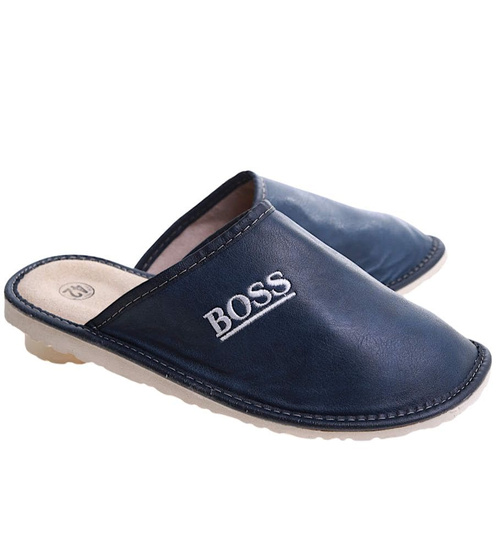 Skórzane męskie kapcie na prezent Granatowe /F1-1 7893 S196/