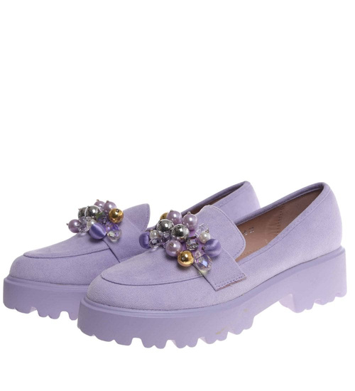 Fioletowe półbuty loafersy na platformie z kamieniami /B3-2 18485 T203/