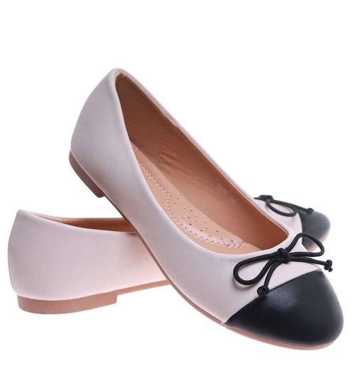 Beżowo czarne baleriny damskie z kokardą /E7-2 17533 G133/