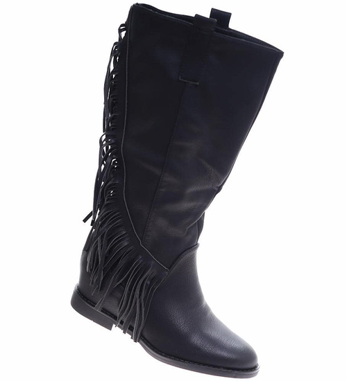 Czarne kozaki z frędzlami na niskim koturnie wsuwane /H2 14903 G285/