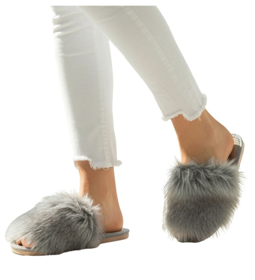 Damskie klapki z efektownym futerkiem SZARE /A4-1 6170 S195/