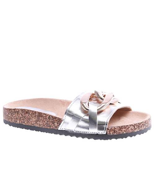 Srebrne klapki damskie z łańcuchem /A7-2 14528 T202/