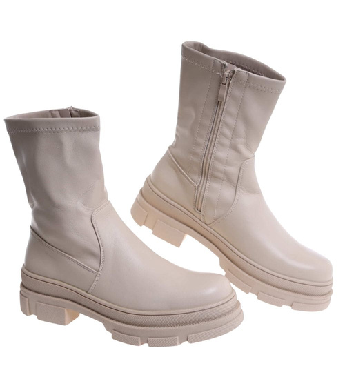 Beżowe zimowe botki workery na platformie /F9-2 18528 T288/