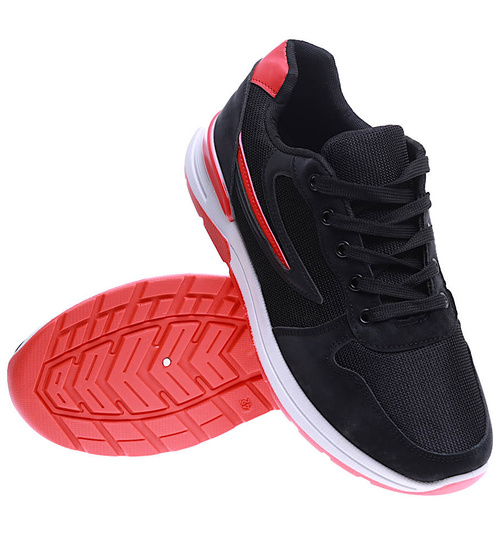 Sznurowane męskie buty sportowe Czarno czerwone /D7-3 15744 T382/