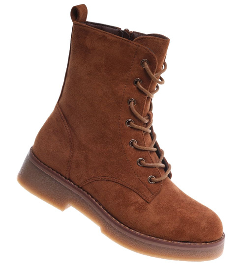 Karmelowe wiązane botki trapery zamszowe /E3-1 18388 W485/