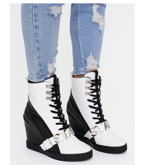 Sznurowane biało czarne trampki sneakersy koturnie /C1-3 18050 T284/