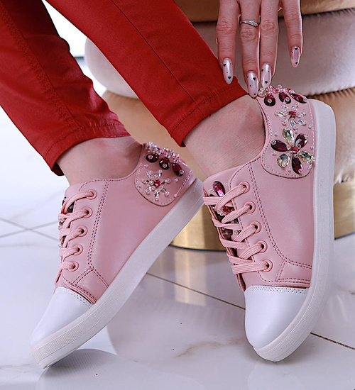 Modne damskie trampki z kamieniami Różowe /B1-2 13468 T128/