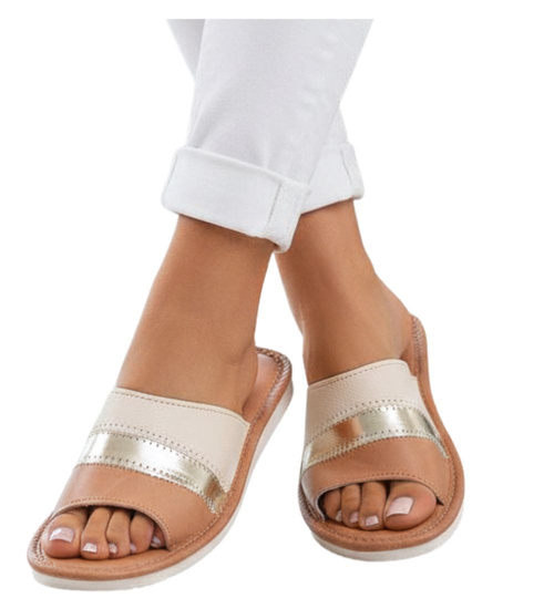 Kapcie damskie Brązowe domowe klapki skórzane /B4-1 10935 S194/