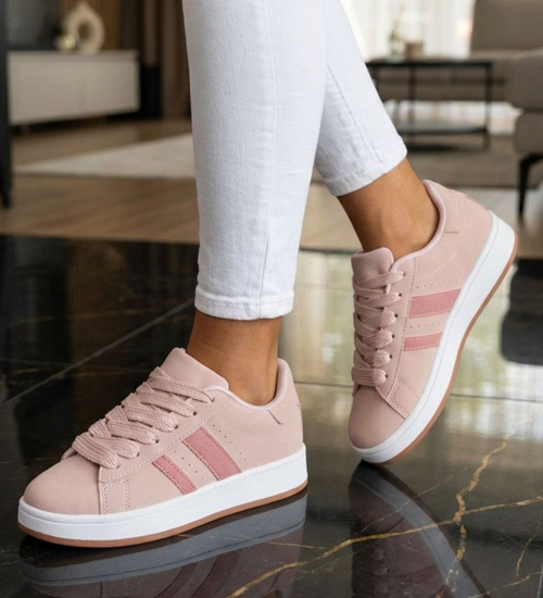 Pastelowe sznurowane trampki damskie Różowe /E6-2 18819 W385/