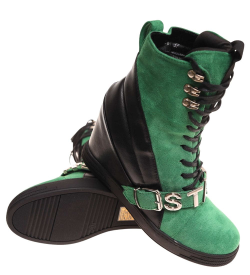 Sznurowane zielono czarne trampki sneakersy koturnie /F8-3 18060 T284/