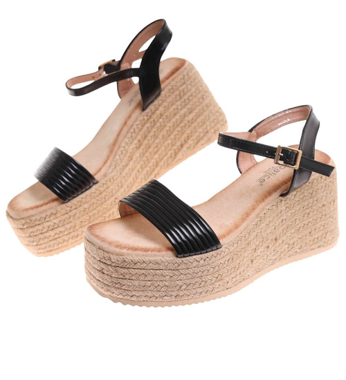 Sandały damskie na koturnie i platformie Czarne espadryle /G9-3 17904 G187/