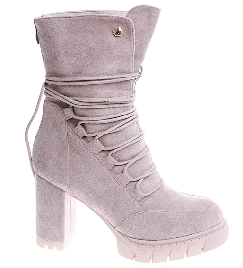 Zamszowe botki na słupku i platformie beżowe D6-3 14837 T108/