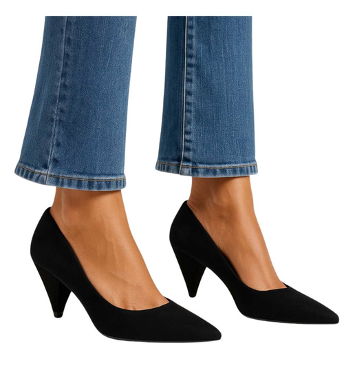 Czarne zamszowe czółenka damskie na obcasie /E5-2 12153 T197/