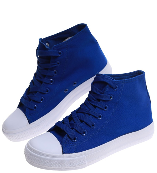 Klasyczne niebiesko białe trampki damskie z wysoką cholewką /G1-1 16734 G9-84/