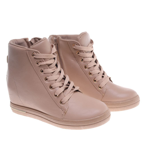 Beżowe sneakersy damskie na koturnie /F7-2 12802 T891/