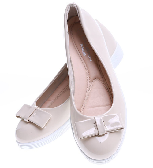 Beżowe balerinki damskie z kokardą /E3-2 15718 T140/