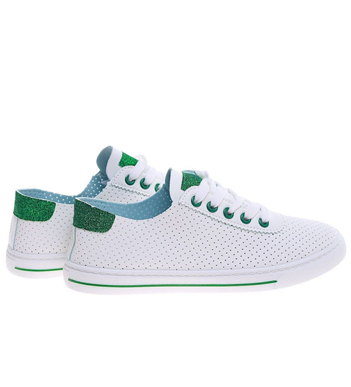 Ażurowe sznurowane biało zielone tenisówki damskie /E9-2 16242 G282/