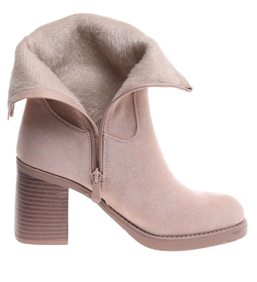 Beżowe eleganckie botki na grubym obcasie /F3-3 18283 W486/