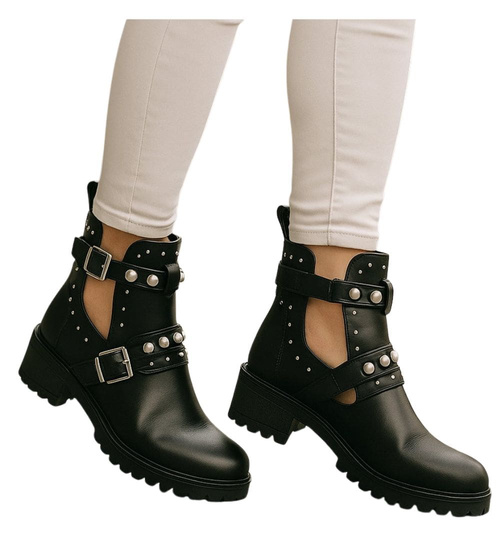 Czarne damskie botki z wycięciami /G13-3 13400 T198/