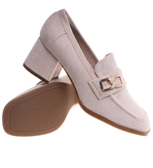 Beżowe czółenka na grubym obcasie /E4-3 18234 W202/