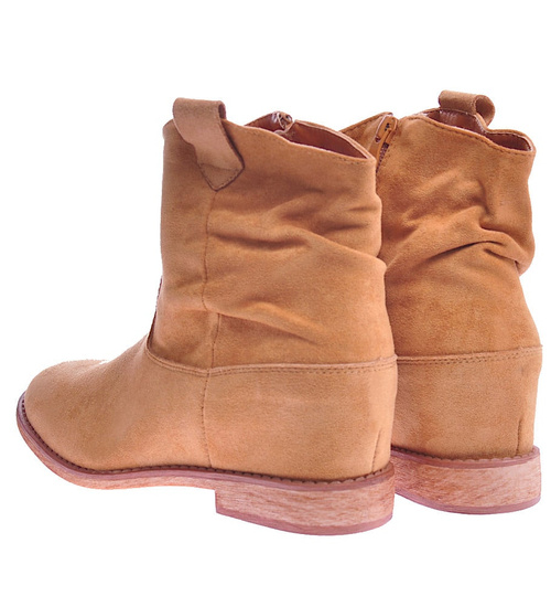 Zamszowe botki damskie na niskim koturnie Camel /F6-2 3961 T296/