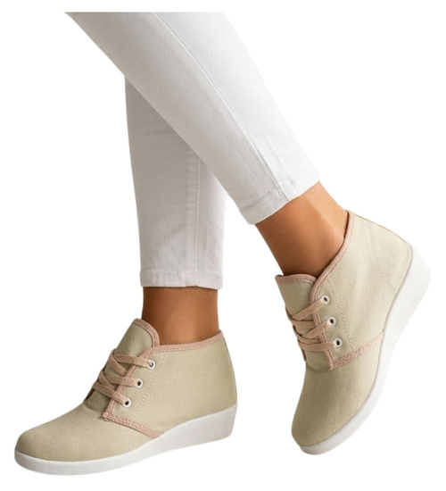 Sznurowane beżowe trampki na niskim koturnie /B1-3 11147 S193/