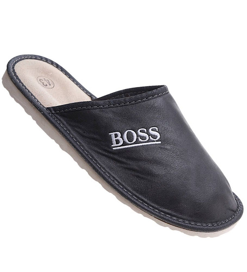 Skórzane kapcie męskie na prezent Boss Szary /E3-1 7890 S197/