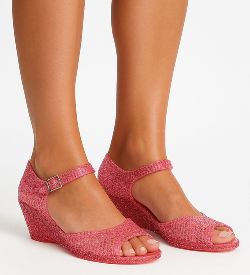 Plażowe sandały meliski na koturnie Ciemny Róż otwarte /H2 14569 T890/