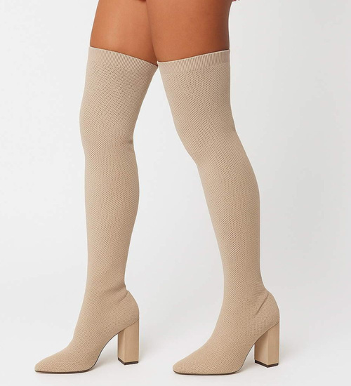 Wysokie kozaki elastyczne Beżowe na obcasie /F3-3 18154 T388/